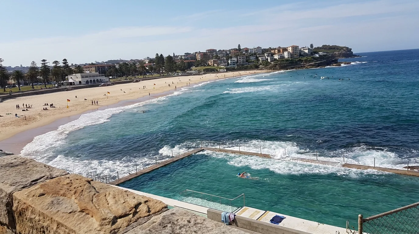 Things to do in Bondi Beach Icebergs at sunrise: morning lap swimmers at Bondi Icebergs ocean pool with Sydney Pacific coastline