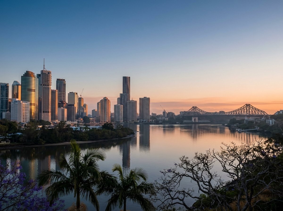 Brisbane skyline at golden hour from Kangaroo Point Cliffs with Story Bridge over the Brisbane River