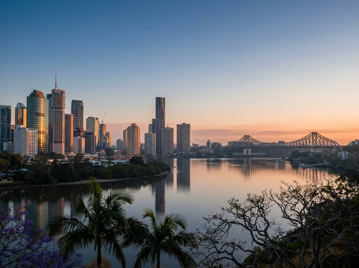 Brisbane skyline at golden hour from Kangaroo Point Cliffs with Story Bridge over the Brisbane River