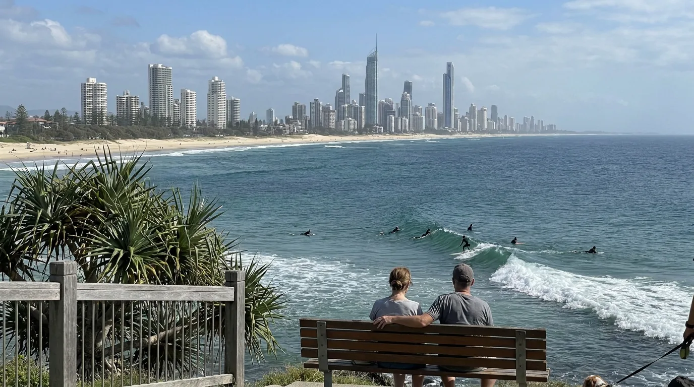 Burleigh Heads point break with Gold Coast beach and headland from above