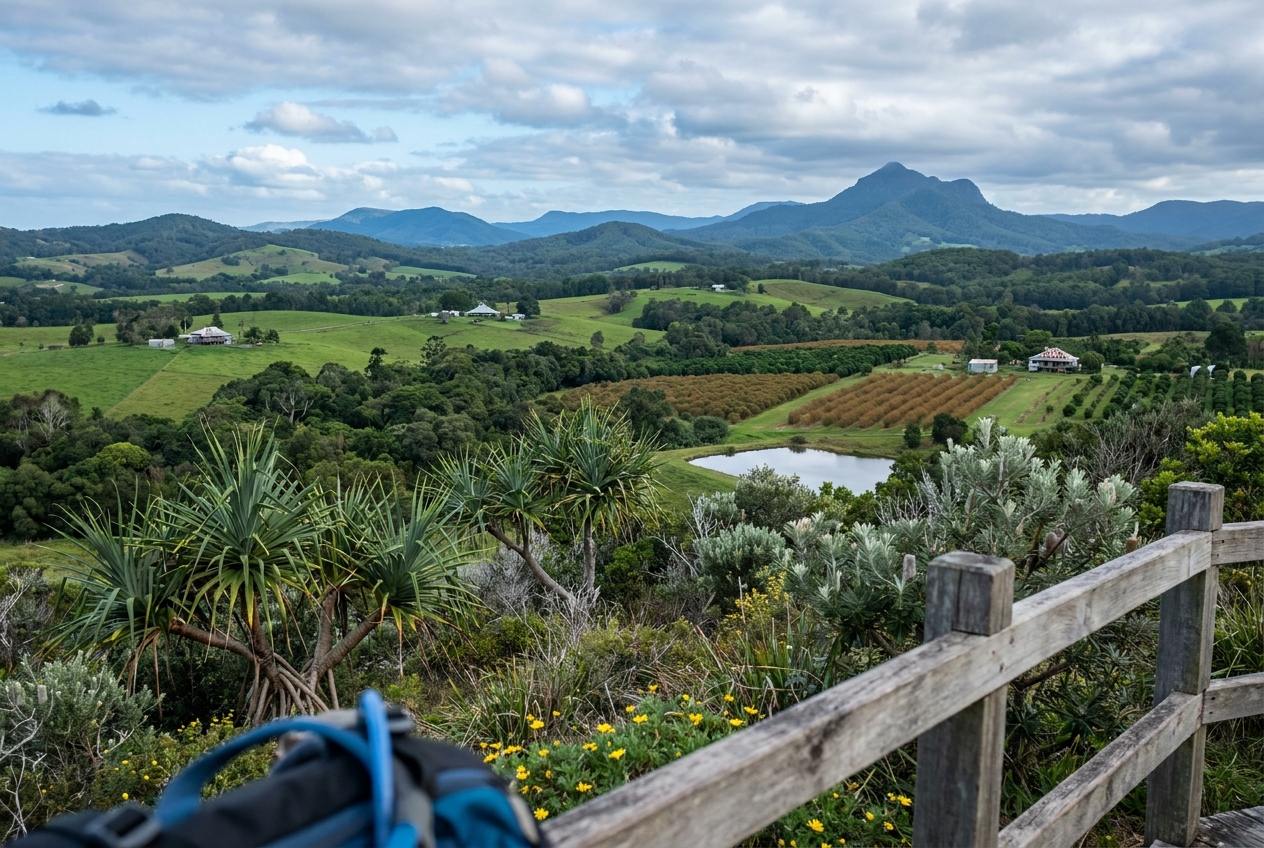 Byron Bay itinerary hinterland — rolling green farmland with Mount Warning shield-volcano cone on horizon, NSW Northern Rivers