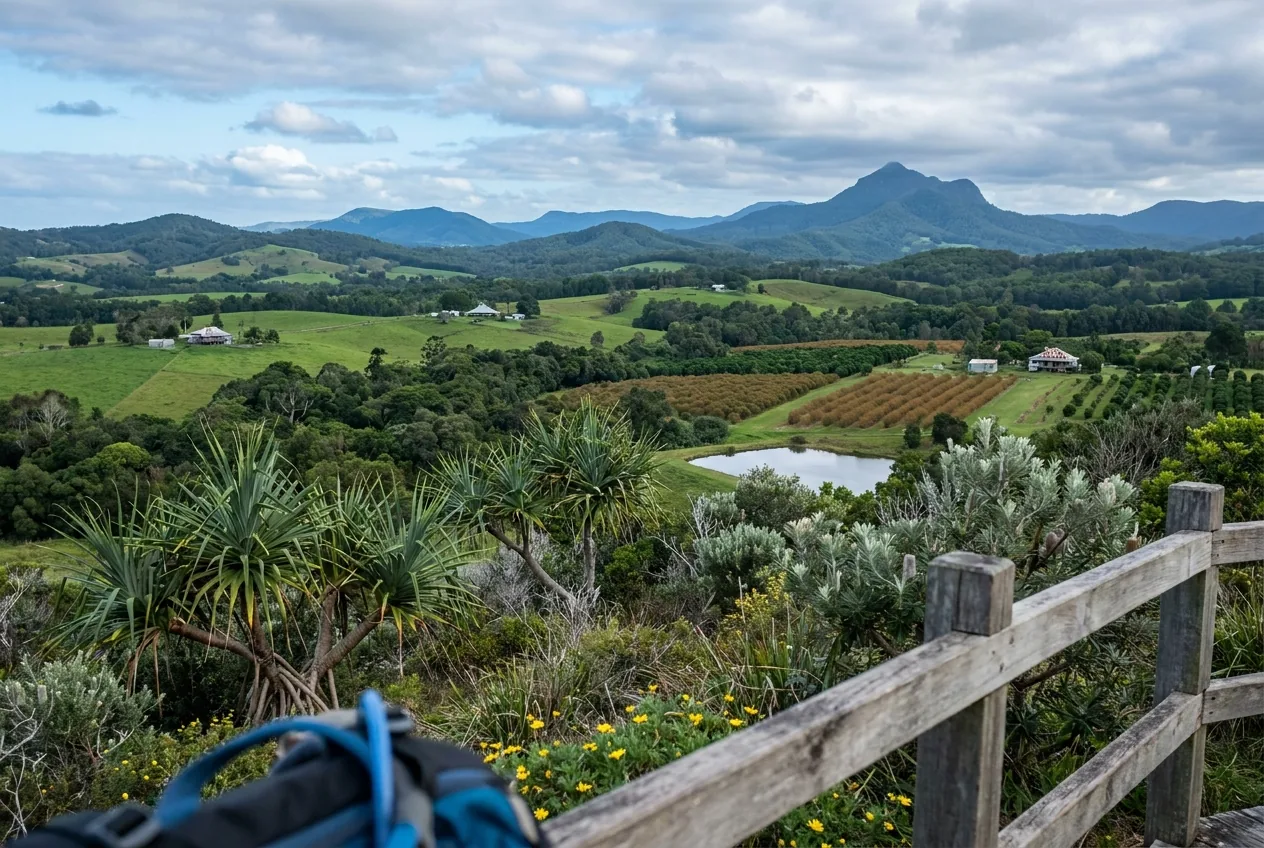 Byron Bay itinerary hinterland — rolling green farmland with Mount Warning shield-volcano cone on horizon, NSW Northern Rivers