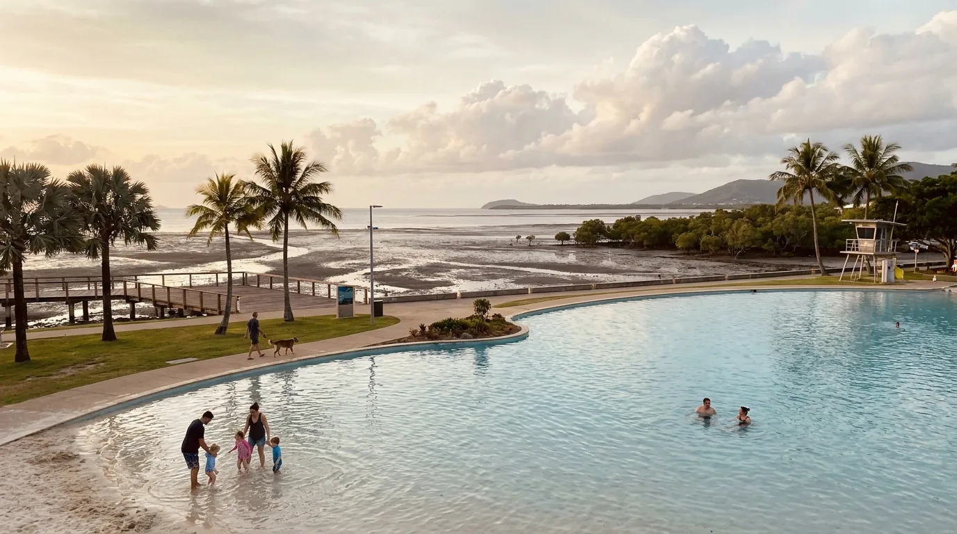 Swimmers at the free Cairns Esplanade saltwater lagoon with Trinity Inlet mudflat behind
