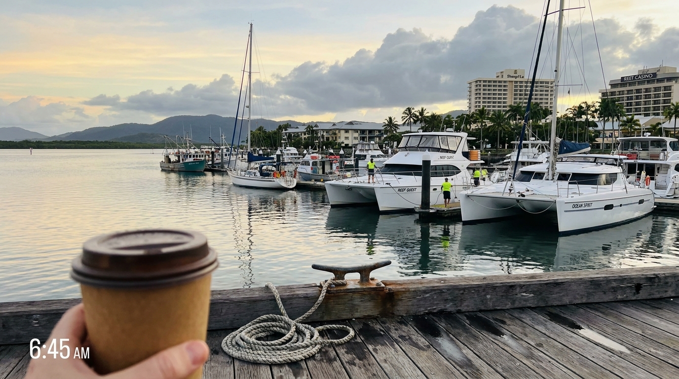 Reef boats moored at Cairns Marlin Marina at dawn with Trinity Inlet and hills behind