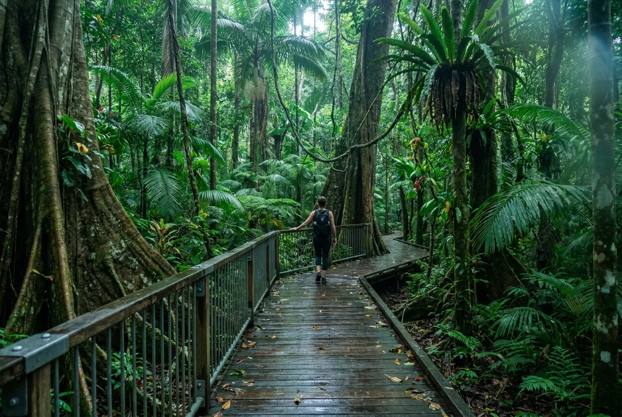 Timber boardwalk winding through dense Daintree rainforest with buttressed tree roots