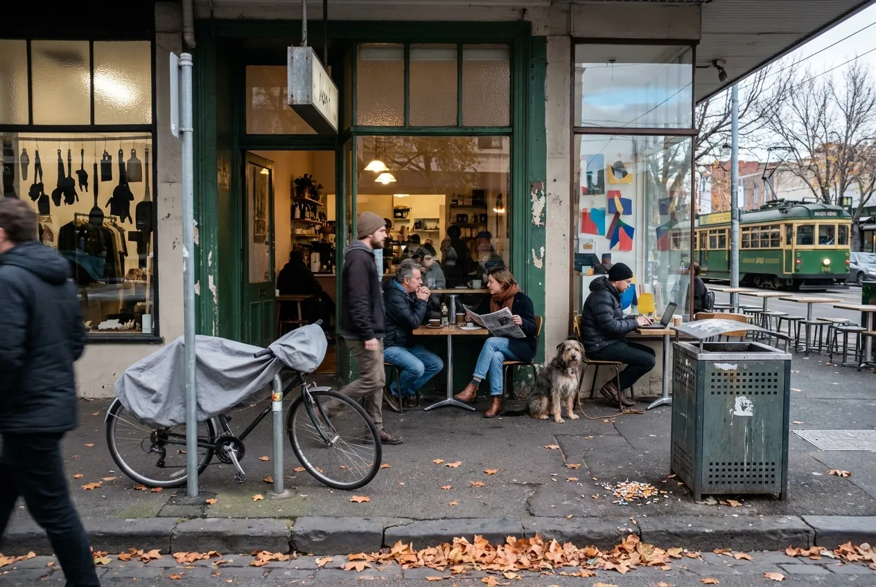 Best cafes in melbourne inner north: Victorian-era cafe exterior with outdoor tables on Brunswick Street Fitzroy