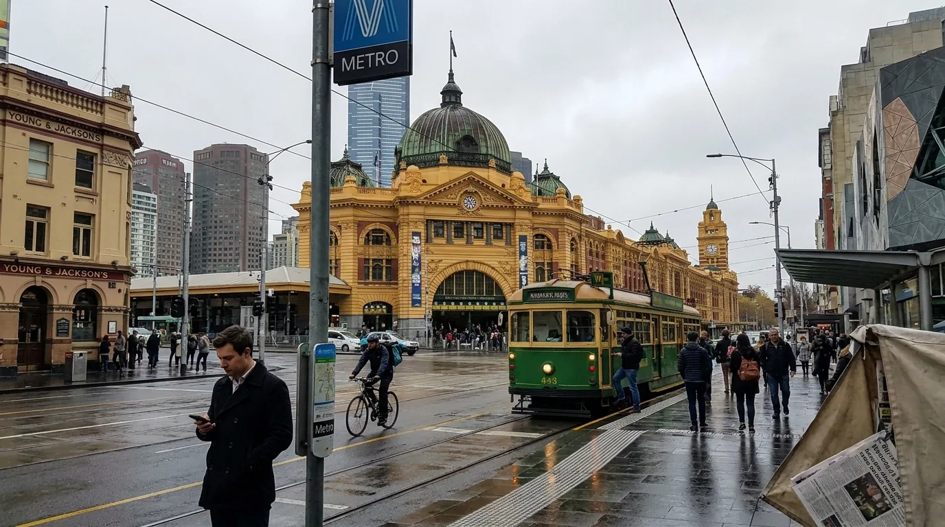Best coffee shops melbourne cbd: yellow Flinders Street Station facade with Yarra Tram on wet Melbourne street