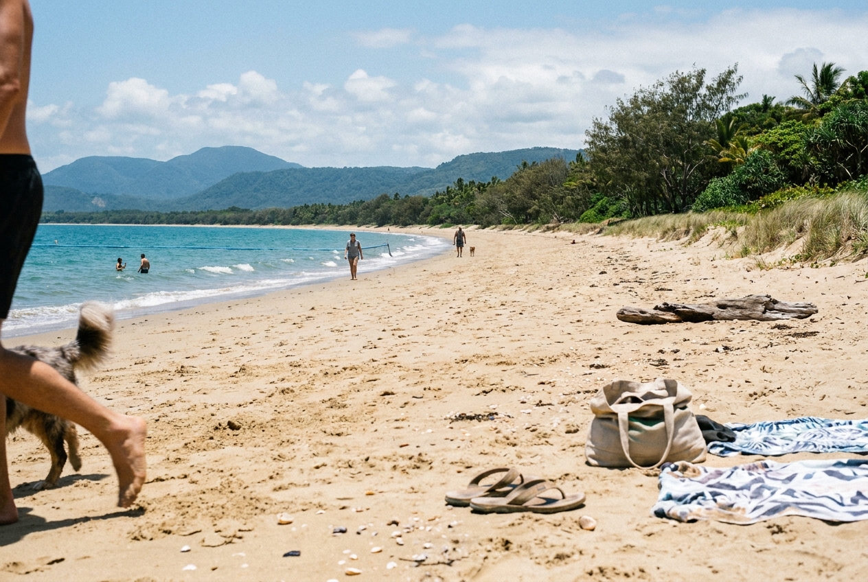 Four Mile Beach Port Douglas tropical sand with turquoise Coral Sea and rainforest coastline