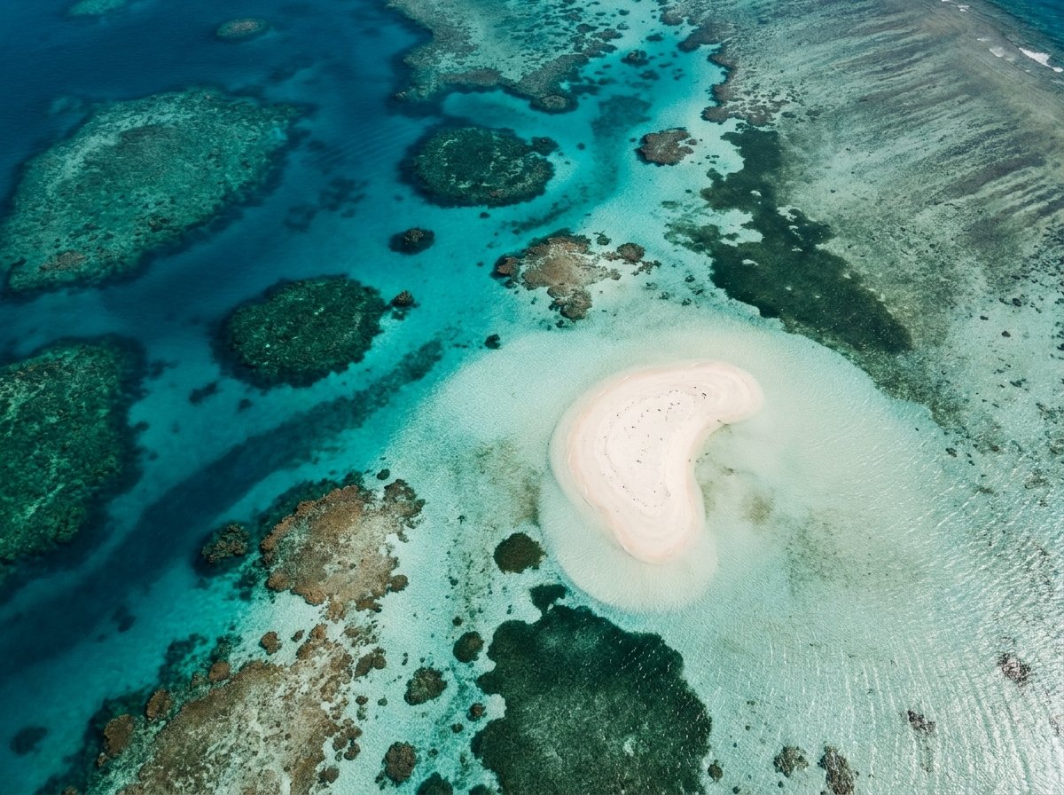 How to plan a trip to Australia: aerial view of the Great Barrier Reef coral formations and turquoise lagoons in tropical Queensland