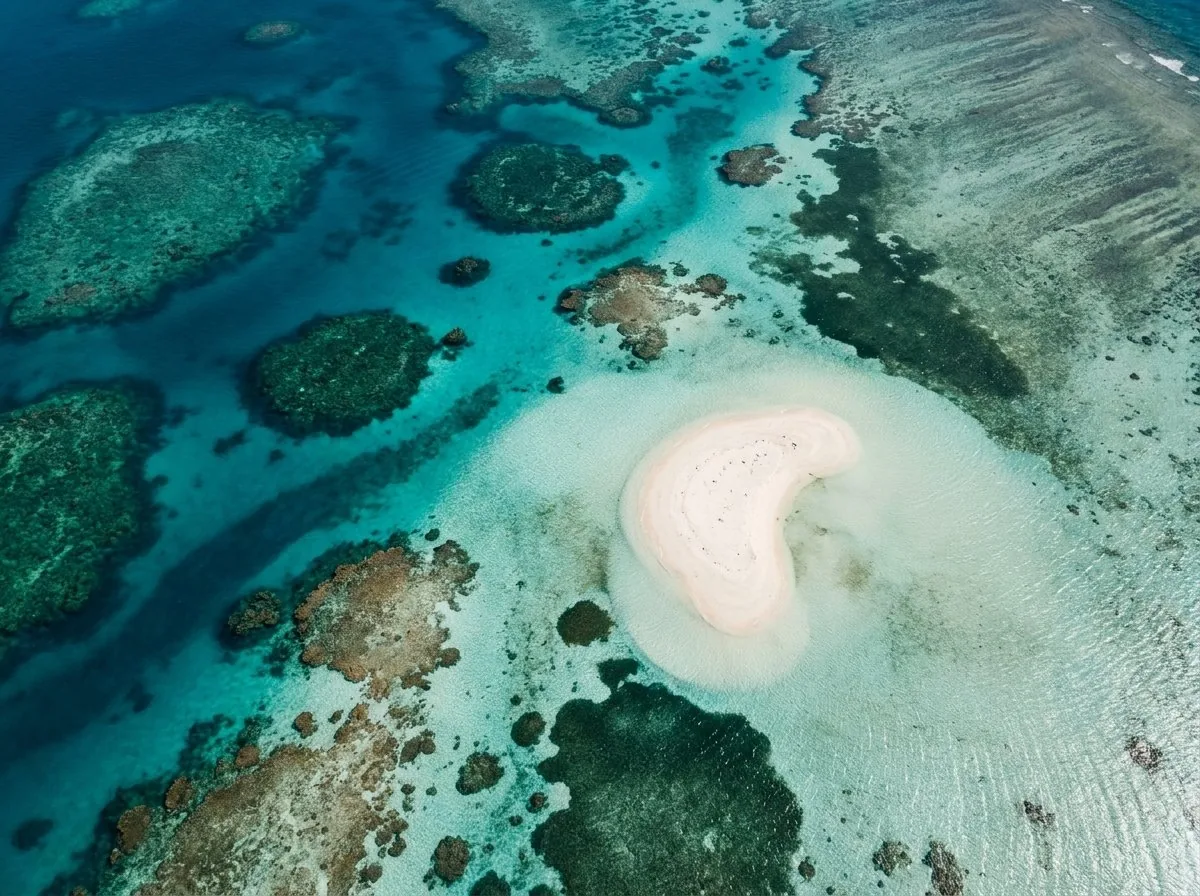 Aerial view of the Great Barrier Reef showing coral formations and turquoise lagoons in tropical Queensland