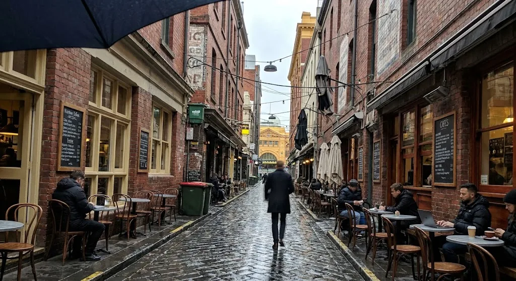 Best coffee in melbourne walkable crawl: cobblestoned Degraves Street laneway with cafe tables string lights and red-brick Victorian walls