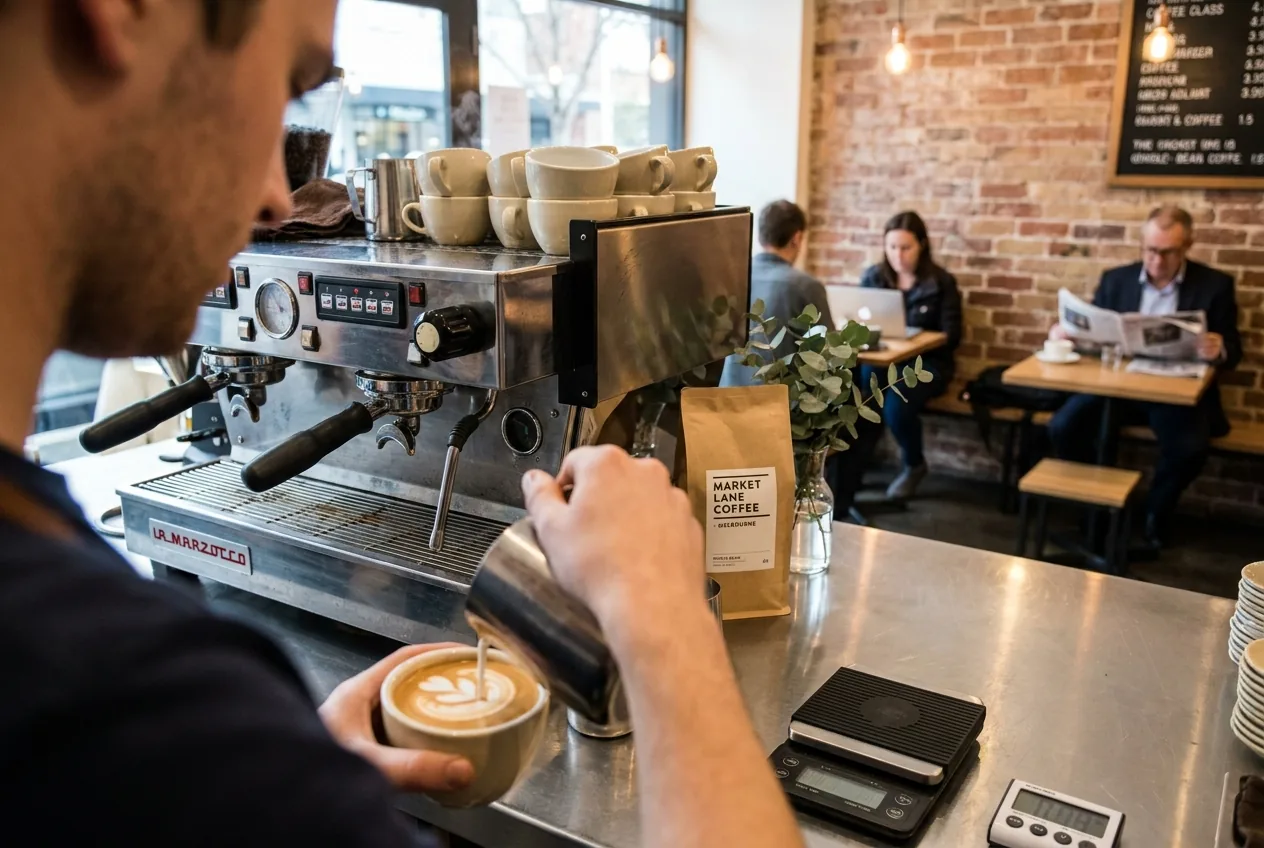 Best coffee in Melbourne: barista pouring steamed milk into flat white cup on La Marzocco espresso machine