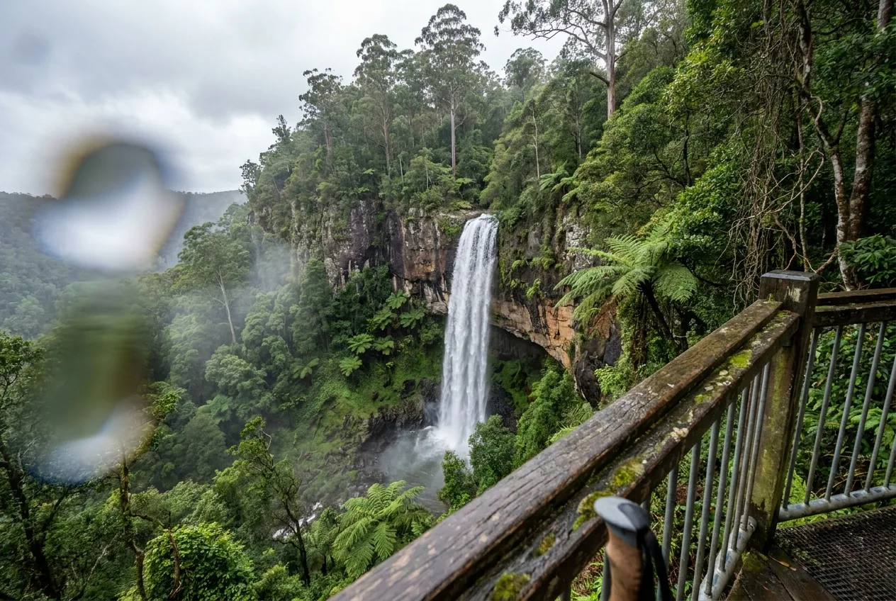 Purling Brook Falls 106-meter waterfall plunging into Springbrook rainforest gorge