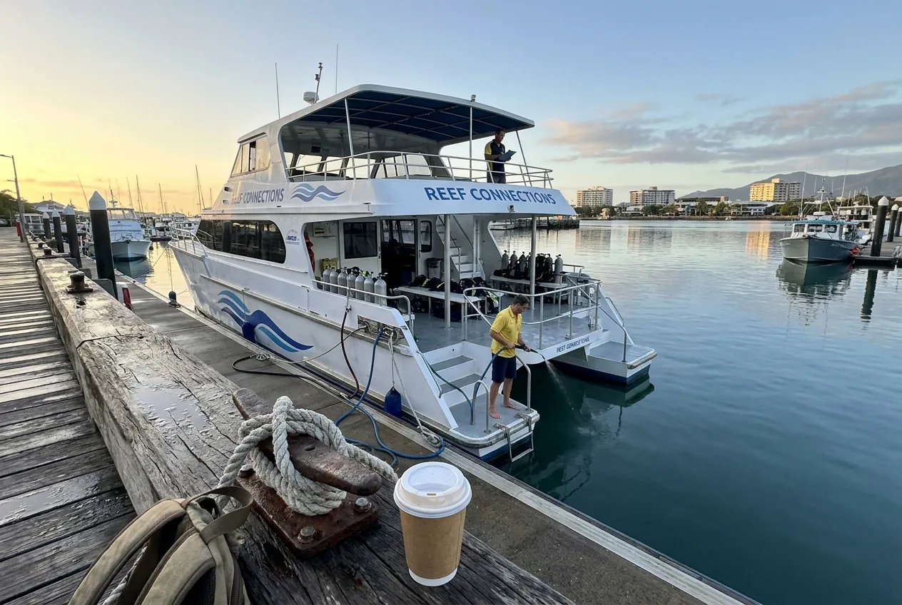 Crew preparing catamaran reef day-boat at Cairns Marlin Marina in dawn light