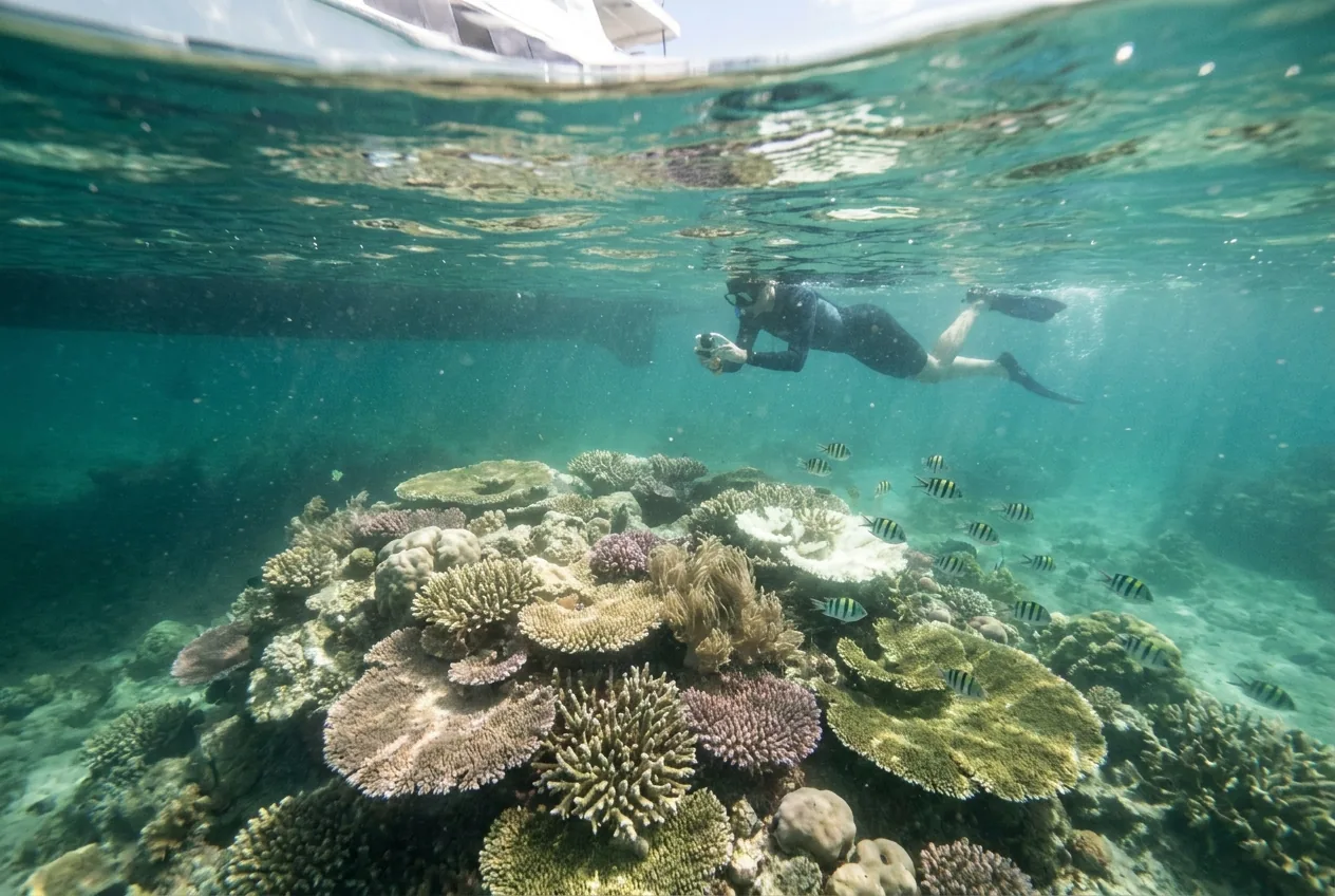 Underwater view of snorkeler swimming above shallow coral bommie with reef boat above