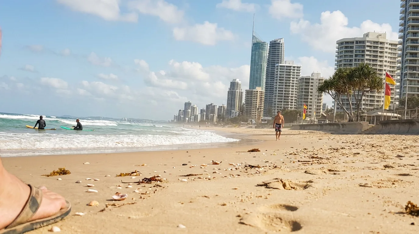 Surfers Paradise high-rise skyline viewed from beach sand with Pacific surfers offshore