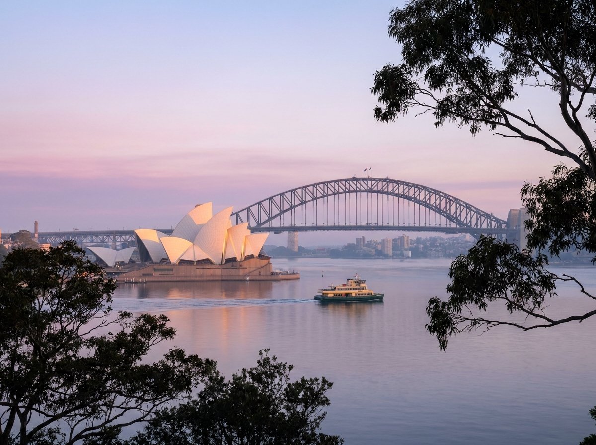 How to plan a trip to Australia: Sydney Harbour Bridge at dawn with the Opera House catching golden morning light