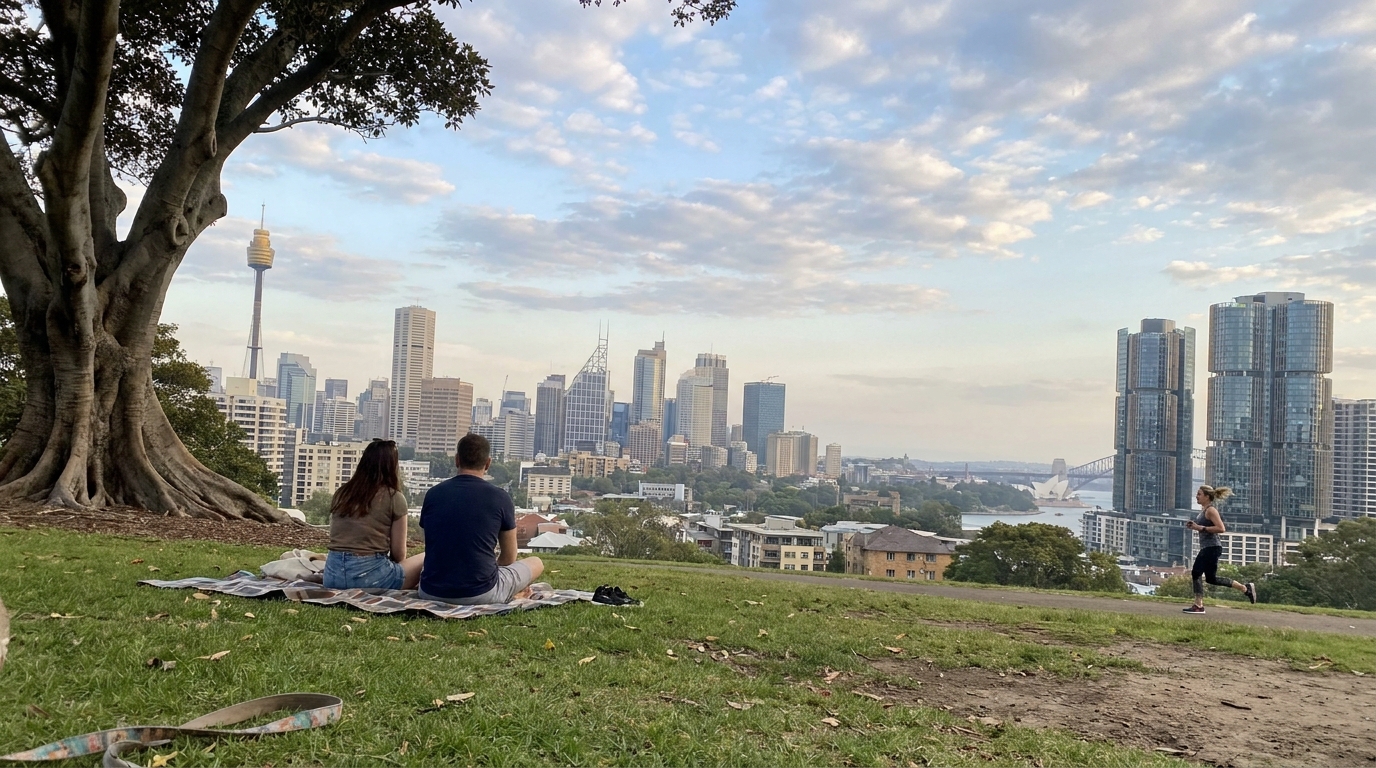 Sydney CBD skyline viewed from Observatory Hill with Centrepoint Tower and harbour glimpse