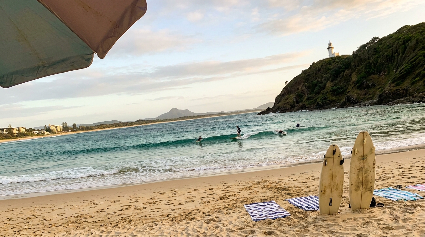 Surfers on longboards at Wategos Beach below Cape Byron headland with lighthouse glimpse