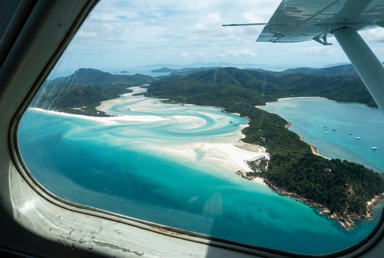 Aerial view of Whitehaven Beach and Hill Inlet swirl through seaplane window Whitsundays