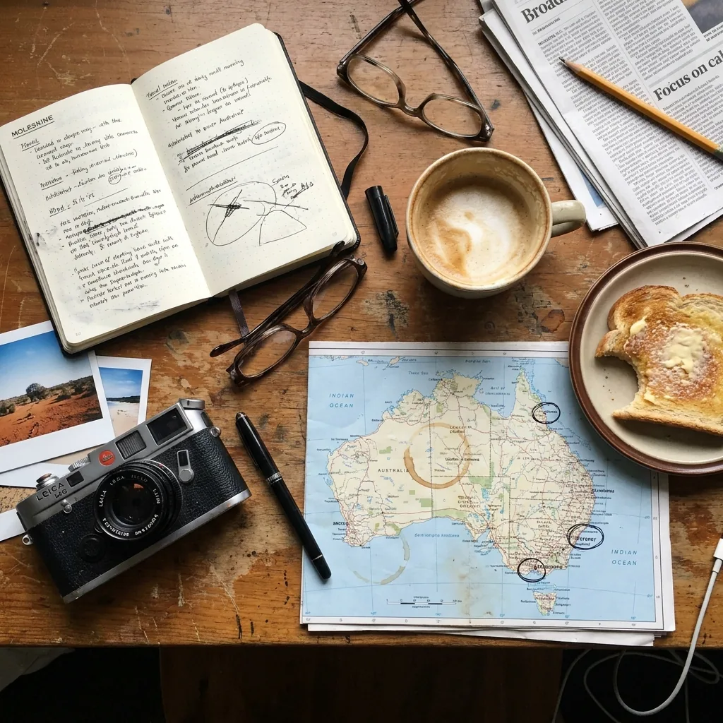 Top-down travel writer's desk with notebook coffee cup paper map and film camera